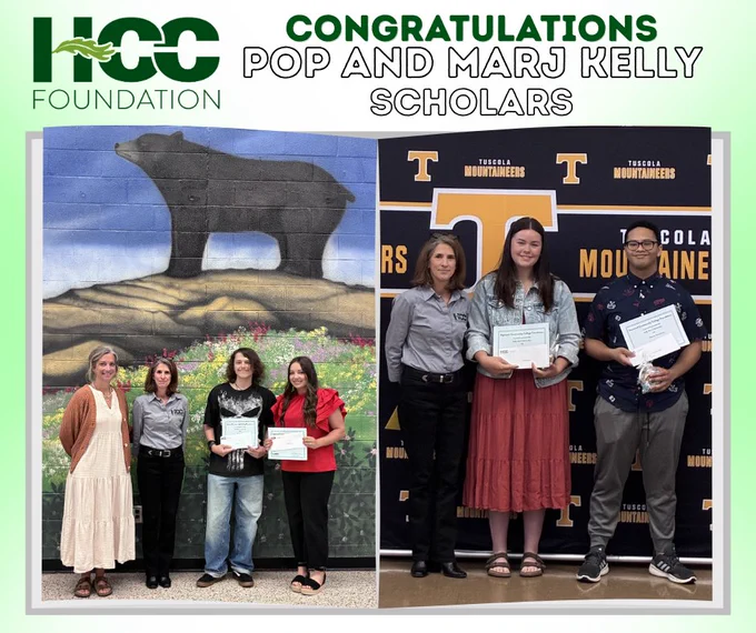 Certainly! Here's a suitable alt text description:

"Two photos of award recipients. On the left, three individuals hold certificates, standing in front of a mural with a bear and greenery, accompanied by two others. On the right, three individuals holding certificates stand before a banner with 'Tuscola Mountaineers' and large 'T' logos, flanked by two people. The top text reads, 'Congratulations Pop and Marj Kelly Scholars,' with HCC Foundation logo."