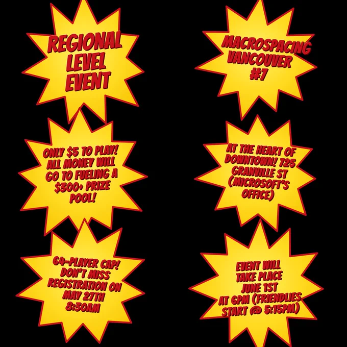 A graphic containing text bubbles that indicate that this is a regional level event, has a $5 entry, will be at Microsoft's Granville office, has a 64-player cap, that registration goes live May 27th, and that the event will happen June 1st at 6PM (friendlies start at 5:15PM).