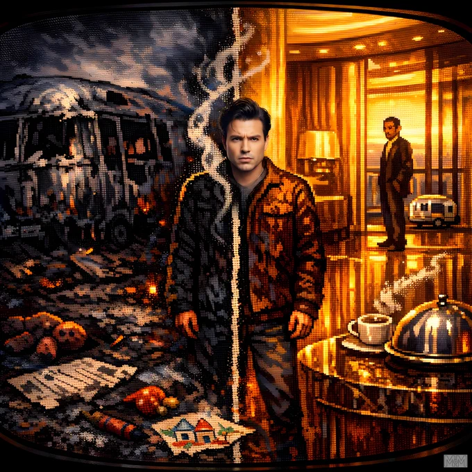 A man stands at the center, with a split background. On the left, a pixelated scene shows a burnt vehicle and debris, including a teddy bear and a drawing of houses. Smoke rises from the scene. On the right, a pixelated luxurious interior features a man in a suit, a small model of a trailer, a table with a steaming cup, and a covered dish. The left side is dark and smoky, while the right side is brightly lit with warm tones.