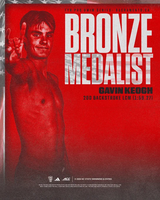 Graphic of Gavin Keogh after winning bronze in the 200 backstroke LCM at the TYR Pro Swim Series in Sacramento, California.