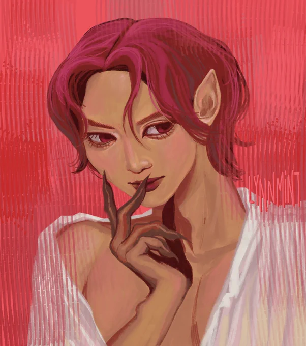 In your fantasy yeosang but leaning more hot pink than red; his nails are long and his ears are pointed vampirically