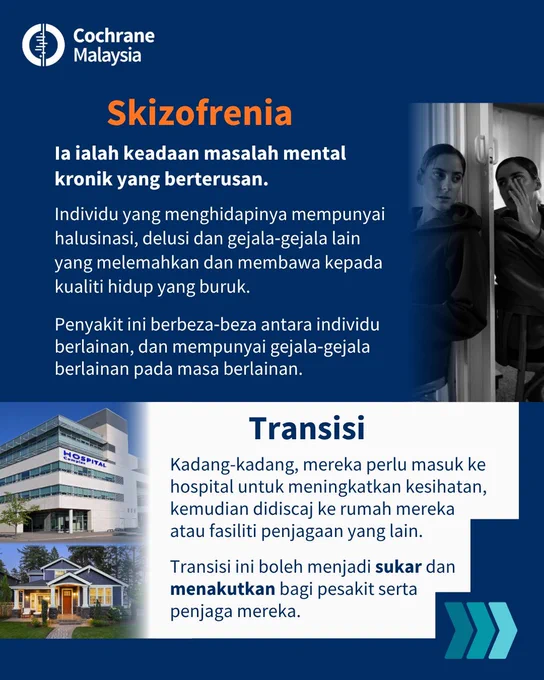Skizofrenia ialah keadaan masalah mental kronik yang berterusan. Individu yang menghidapinya mempunyai halusinasi, delusi dan gejala‐gejala lain yang melemahkan dan membawa kepada kualiti hidup yang buruk. Penyakit ini berbeza‐beza antara individu berlainan, dan mempunyai gejala‐gejala berlainan pada masa berlainan. 
Kadang-kadang, mereka perlu masuk ke hospital untuk meningkatkan kesihatan, kemudian didiscaj ke rumah mereka atau fasiliti penjagaan yang lain. Transisi ini boleh menjadi sukar dan menakutkan bagi pesakit serta penjaga mereka. 