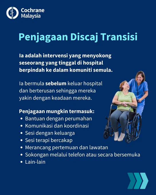 Penjagaan discaj transisi adalah intervensi yang menyokong seseorang yang tinggal di hospital berpindah ke dalam komuniti semula. Ia bermula sebelum keluar hospital dan berterusan sehingga mereka yakin dengan keadaan mereka. Penjagaan mungkin termasuk bantuan dengan perumahan, komunikasi dan koordinasi, sesi dengan keluarga, sesi terapi bercakap, merancang pertemuan dan lawatan, sokongan melalui telefon atau secara bersemuka, dan lain-lain. 