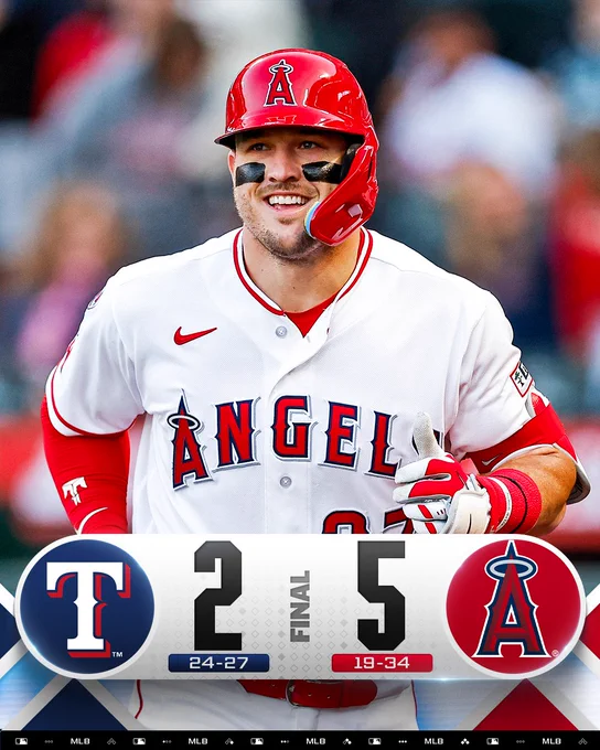 Final Score Graphic: 5/23/26
Rangers 2 (24-27), Angels 5 (19-34)
Pictured: Mike Trout smiles as he rounds the bases. He wears a white Angels uniform with red lettering and a red helmet.
