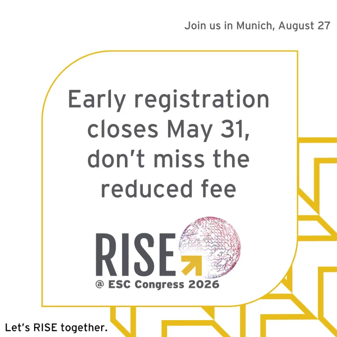 Join us in Munich, August 27

Early registration closes May 31, don't miss the reduced fee

RISE
@ ESC Congress 2026

Let's RISE together.