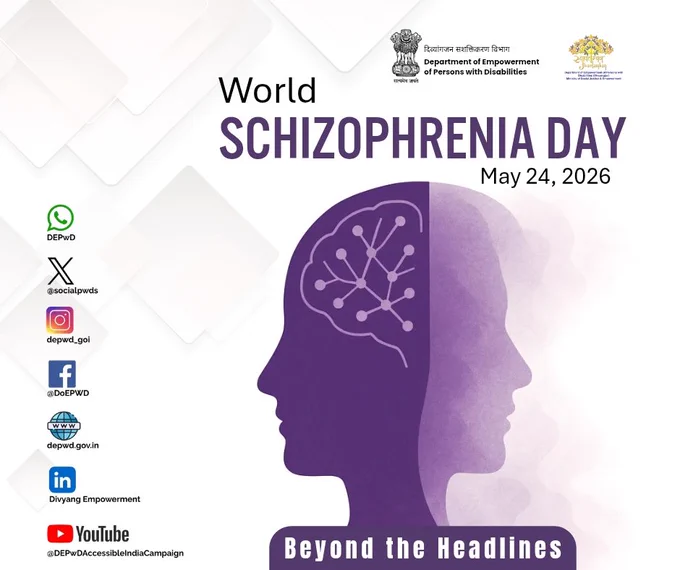 A digital poster for “World Schizophrenia Day” observed on May 24, 2026. The poster features the logos of the Department of Empowerment of Persons with Disabilities (DEPwD) and the Ministry of Social Justice and Empowerment placed at the top. In the center, two overlapping purple human face silhouettes are shown facing opposite directions, symbolizing mental health awareness. Inside one silhouette, a brain-like neural network graphic is illustrated. The slogan “Beyond the Headlines” appears at the bottom in white text on a purple banner. On the left side, social media icons and handles of DEPwD platforms are displayed, including WhatsApp, X, Instagram, Facebook, website, LinkedIn, and YouTube. The background has a light grey geometric pattern.