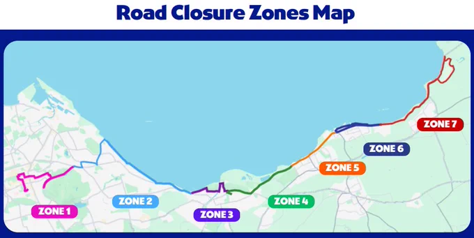 Screenshot of the Edinburgh Marathon route on a map, with zones one to seven marked out to show road closures