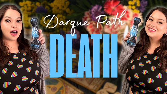 video cover image for Sydney Screams's review of the Death dildo by Darque Path. The image has a witchy tarot background with two photos of Sydney holding the silicone fantasy dildo. It reads "Darque Path - Death"
