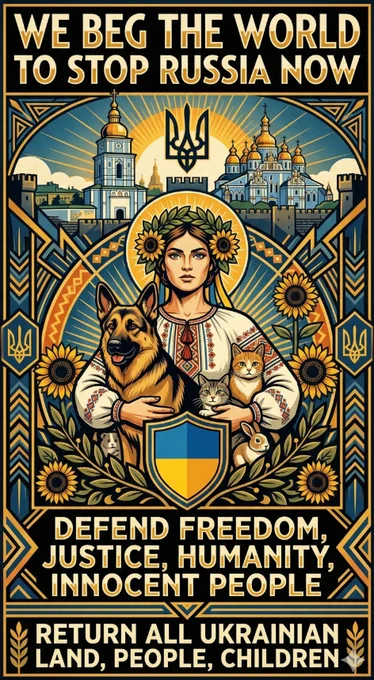 A poster with the text:
"WE BEG THE WORLD TO STOP RUSSIA NOW
DEFEND FREEDOM, JUSTICE, HUMANITY, INNOCENT PEOPLE
RETURN ALL UKRAINIAN LAND, PEOPLE, CHILDREN"
