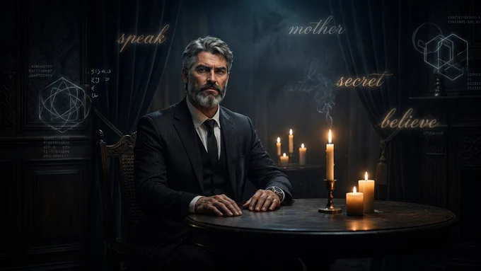 A man sits alone at a candlelit table in a dark, atmospheric room. Floating around him are the words: speak, mother, secret, believe fragments of a code only he knows. Cryptographic numbers and geometric patterns dissolve into the shadows. This is the architecture of a secret that never leaves its keeper.