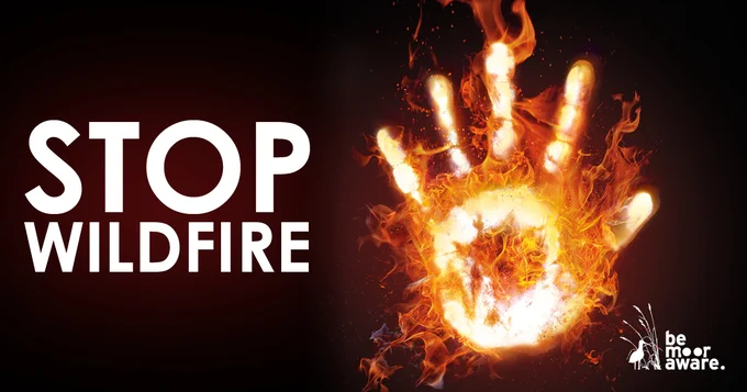 Stop wildfire. Be Moor Aware. Artwork of a hand made from flames.