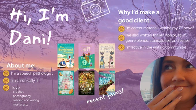 A pink toned background of a country field, and chunks of white text explaining elements about the author. Pictures of book covers in the middle, and a photo of a woman in the right bottom corner.