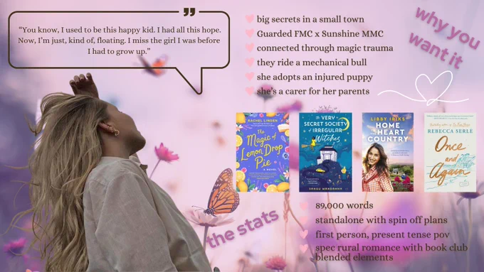 Pink toned background with flowers and a butterfly. A photo of a blonde woman on the left facing away, with four photos of book covers, and text lists on the left.
