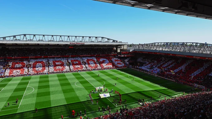 Photography of Andy Robertson and Mo Salah's mosaics at Anfield.