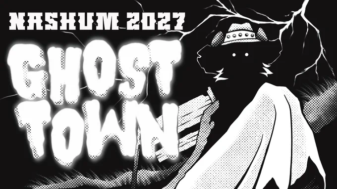 A digital illustration of Nashum, Nashum Furcon's possum mascot, spookily gazing at the viewer, wrapped in a shawl and wearing a cowboy hat. Only his white eyes are visible in the shadow of his hat. Text reads Nashum 2027: Ghost Town. Artwork by Pink, our art director. 
