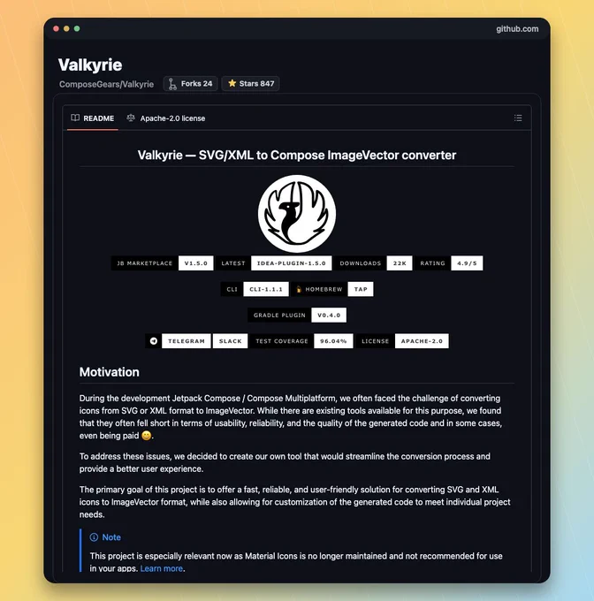 GitHub README screenshot for ComposeGears/Valkyrie