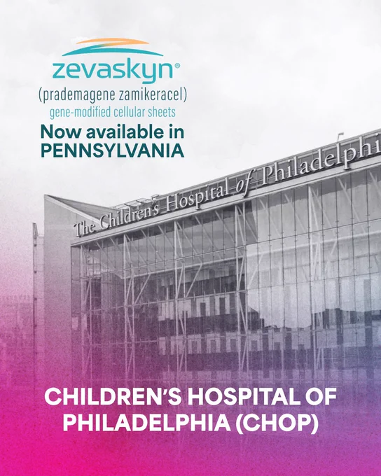 Exterior of the Children's Hospital of Philadelphia building. Text on the image reads: "Zevaskyn (prademagene zamikercel) gene-modified cellular sheets now available in Pennsylvania" and "Children's Hospital of Philadelphia (CHOP)."