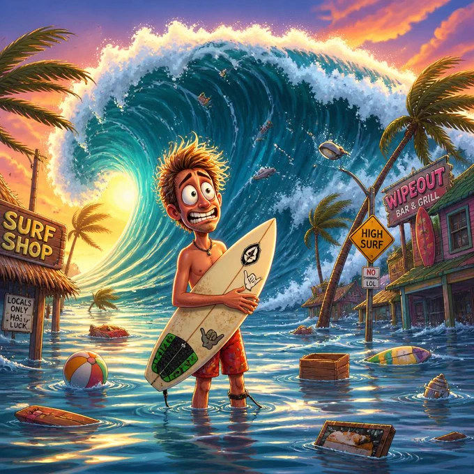 Quando o mar resolve aumentar o volume… só resta abraçar a prancha e repensar todas as escolhas da vida. 🌊😂

A imagem mistura humor e caos em um cenário digno de filme de animação: um surfista assustado encara uma onda gigantesca invadindo a cidade enquanto placas, lojas e palmeiras praticamente gritam “wipeout inevitável”. 

Entre o medo e a adrenalina, nasce aquele clássico pensamento surfista: “talvez hoje esteja grande demais…”

Surf também é isso: respeito pelo oceano, boas histórias e momentos completamente absurdos que viram lenda no lineup.

#Surf #Wipeout #BigWave #SurfHumor #SurfLife #OceanChaos #SurfCulture #Wave #SurfReport #HighSurf