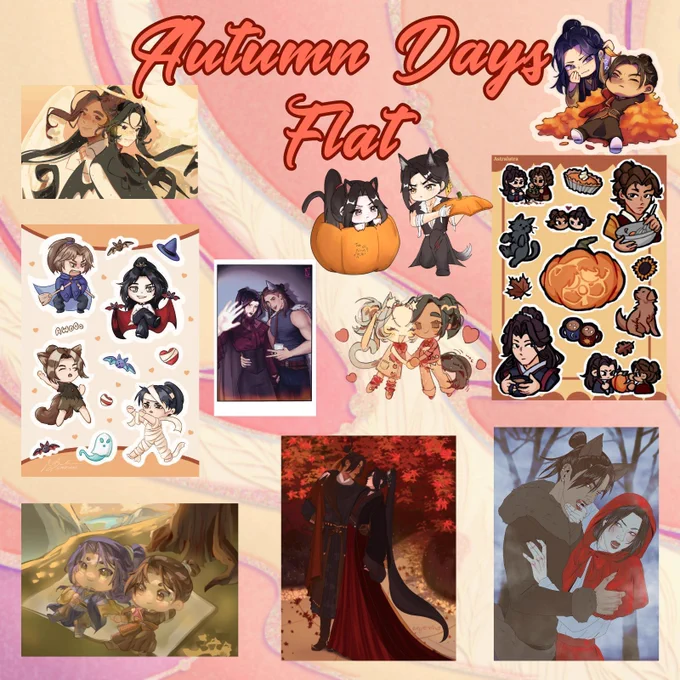 Graphic illustrating the Autumn Days Flat Bundle. It has a swirly orange background and the autumn flat items. Top middle the text 'Autumn Days Flat' is written in cursive orange font and is surrounded by all the items included
