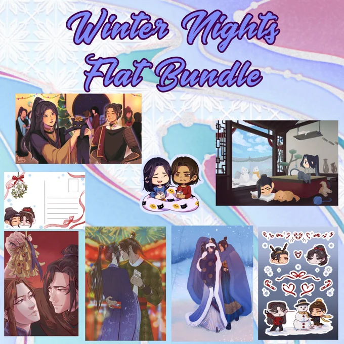 Background with swirly blue-ish colours. Top middle in cursive blue letters the text Winter Nights Flat bundle in cursive blue font, surrounded by all the items included in this bundle
