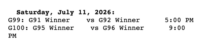 A rendering bug for the 2026 FIFA World Cup on plaintextsports, showing a line wrapping because there are now over 100 games and 100 takes up three digits instead of just 2.