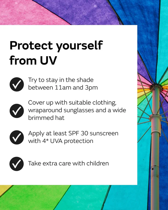 Protect yourself from UV: 1) Try to stay in the shade between 11am and 3pm. 2) Cover up with suitable clothing wraparound sunglasses and a wide brimmed hat. 3) Apply at least SPF 30 sunscreen with 4* UVA protection. 4) Take extra care with children.