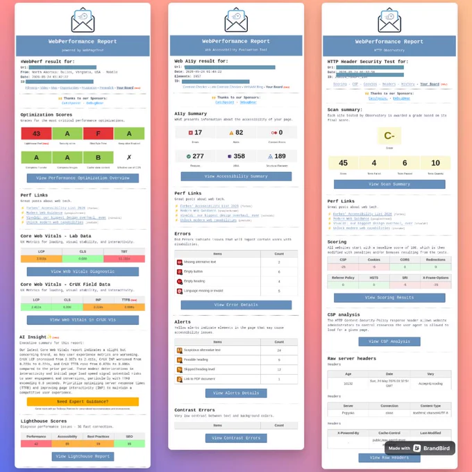 Three WebPerformance Report email examples showing web performance, accessibility, and security reports on a colorful gradient background.