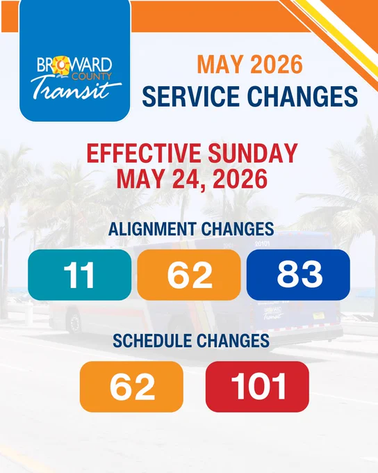 Graphic announcing Broward County Transit May 2026 service changes effective Sunday, May 24, 2026. The design features the Broward County Transit logo, a faded background image of a BCT bus and palm trees, and a list of affected routes. Alignment changes are listed for Routes 11, 62, and 83, while schedule changes are listed for Routes 62 and 101.
