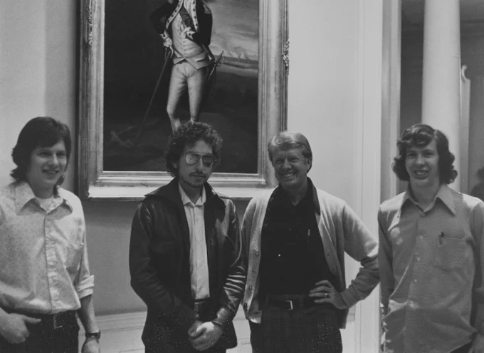 President Carter and sons Jeff and Chip welcome Bob Dylan to the Governor's Mansion, January 1974.