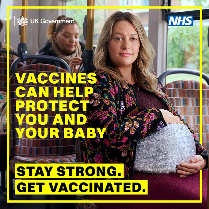 An image of a women on a bus, with her pregnant belly covered in bubble wrap. The writing in yellow reads "vaccines can help protect you and your baby. Stay Strong. Get Vaccinated." 
