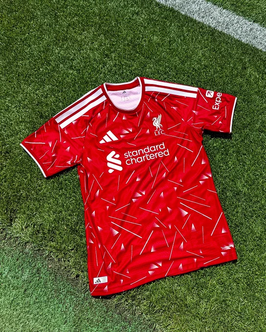 Photography of the Liverpool 26/27 home shirt at Anfield.