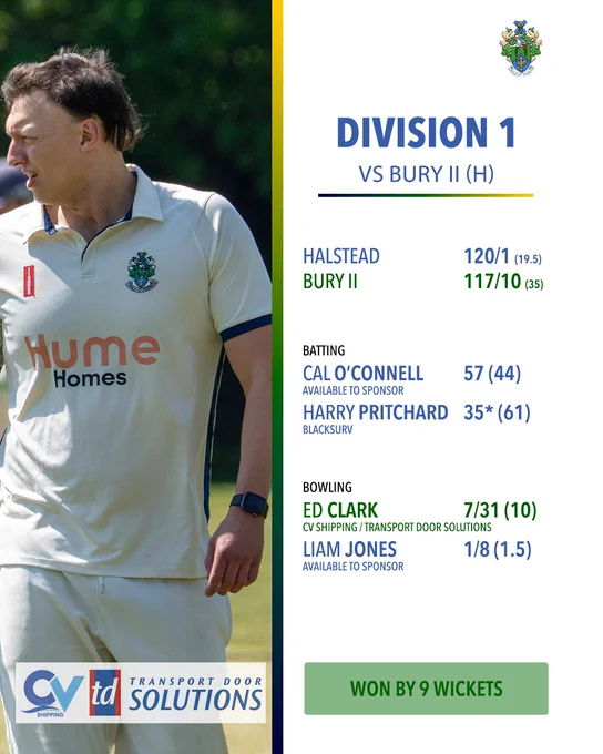 Halstead Cricket Club Week Six Round Up, Division 1 vs Bury II (Home). Scores: Halstead 120/1 (19.5 overs), Bury II 117/10 (35 overs). Batting highlights: Cal O'Connell 57 (44), Harry Pritchard 35* (61). Bowling highlights: Ed Clark 7/31 (10), Liam Jones 1/8 (1.5). Result: Won by 9 wickets. A photo of a cricketer in HCC whites walking, Hume Homes branding visible on his shirt, occupies the left half. The CV Shipping / Transport Door Solutions sponsor panel appears bottom left.