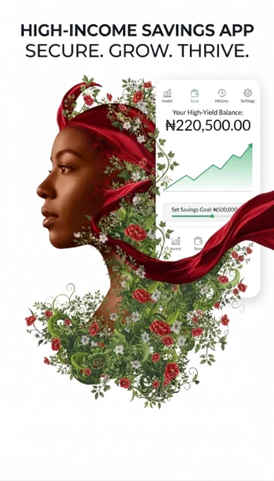An art drawing of a human head with flowers flowing from it and an investment app