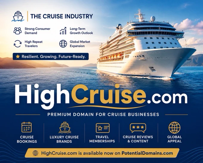 Promotional graphic for HighCruise.com featuring a luxury cruise ship sailing across calm ocean waters at sunrise. 

The design highlights the strength of the cruise industry with key benefits including strong consumer demand, high repeat travelers, long-term growth outlook, and global market expansion. A bold headline displays “HighCruise.com” as a premium domain for cruise businesses, with suggested use cases such as cruise bookings, luxury cruise brands, travel memberships, cruise reviews, and global travel platforms. 

The image uses a professional blue, white, and gold color palette and includes a call-to-action stating that HighCruise.com is available on PotentialDomains.com.
