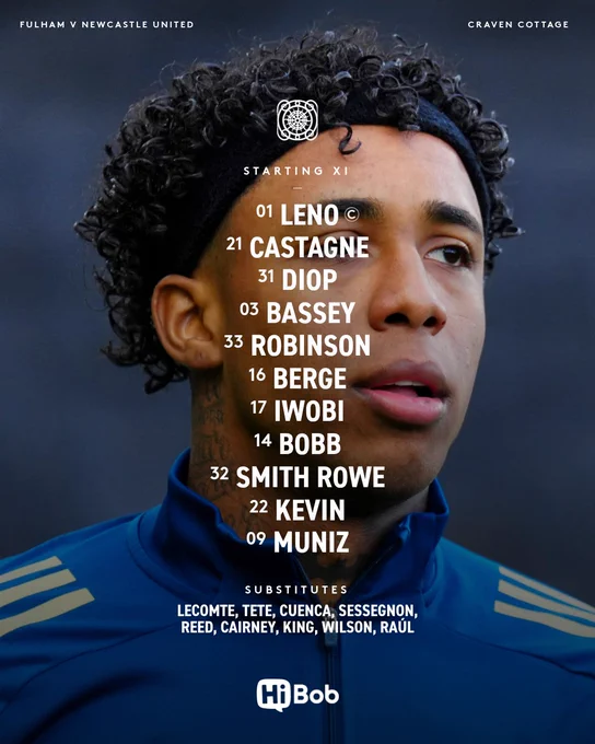 XI: Leno, Castagne, Diop, Bassey, Robinson, Berge, Iwobi, Bobb, Smith Rowe, Kevin, Muniz.

Subs: Lecomte, Tete, Cuenca, Sessegnon, Reed, Cairney, King, Wilson, Raúl.
