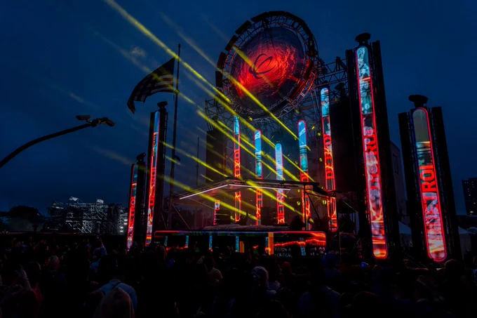 A stage is illuminated during the Movement electronic music festival at Hart Plaza in Detroit on Saturday, May 23, 2026. Photo by David Rodríguez Muñoz, Detroit Free Press