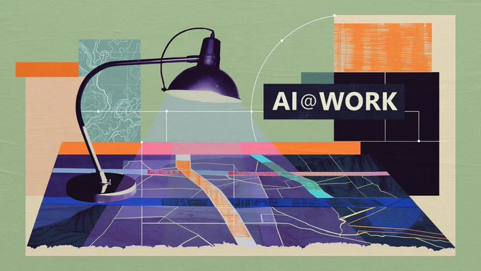 Stylized illustration of a desk lamp casting light over abstract maps, grids, and data layers, with “AI @ Work” text, symbolizing AI guiding and structuring modern work.