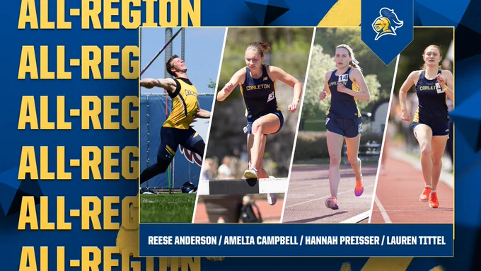 Reese Anderson throwing the javelin while Amelia Campbell, Hannah Preisser, and Lauren Tittel are running on the track; text reads, "All-Region"