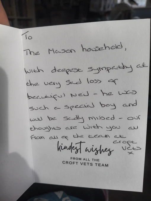 The inside of a white card that reads; "To the Mason household, with deepest sympathy at the very sad loss of beautiful Neil - he was such a special boy and will be sadly missed - our thoughts are with you all from all of the team at Croft Vets x"