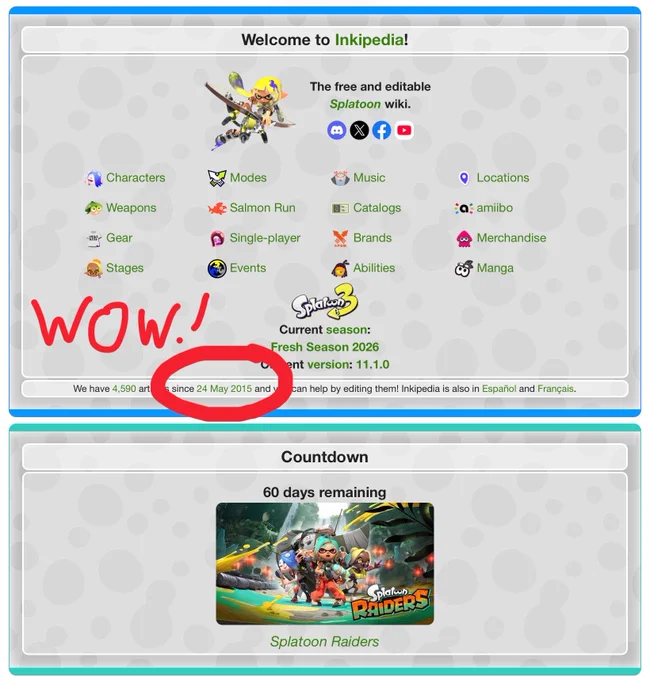Screenshot of the main page of Inkipedia. The date of foundation (24th May 2015) has been crudely circled in red with the word "WOW!" written next to it. Underneath, a Splatoon Raiders countdown shows "60 days remaining".