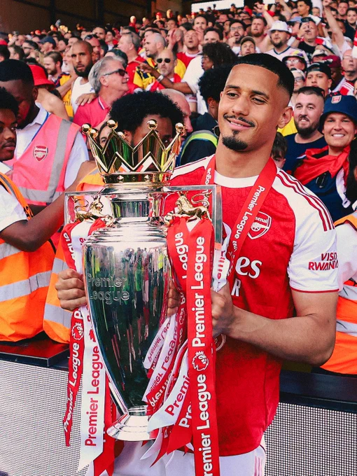 William Saliba celebrates with the Premier League trophy