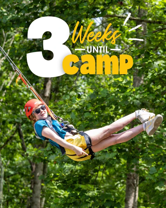 A camper swinging on the swing as they smile towards the camera. A graphic reads, “3 weeks until Camp.”