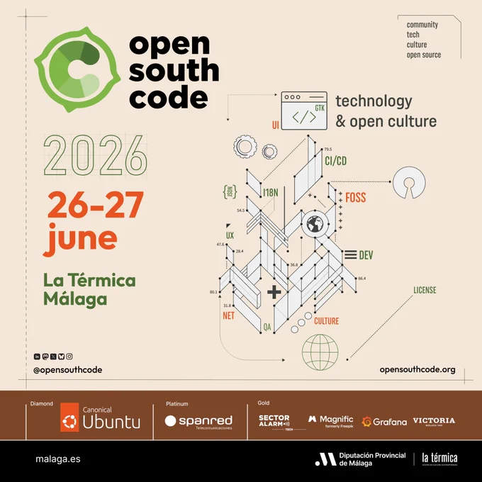 🚀 #OpenSouthCode26 is coming! 
26–27 June (#SixSeven 🙂🙃)
⚙️ Talks, workshops, networking on technology & open culture in Málaga @latermicamalaga 🌞
¡Ya puedes consultar el programa/schedule! 👇 https://www.opensouthcode.org/conferences/opensouthcode2026/schedule