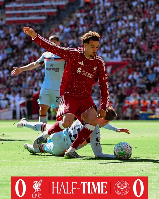 Half-time graphic for Liverpool vs Brentford in the Premier League.

The half-time score is Liverpool 0-0 Brentford.
