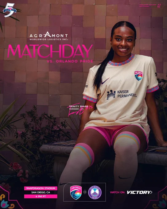 Balboa match day graphic featuring a photo of Trinity Byars in the Balboa Park kit.  Pink and white text on the graphic reads the match information: Matchday vs. Orlando Pride | Snapdragon Stadium | San Diego, CA, 4 pm PT | Watch on Victory  | Regular Season Matchday 12
