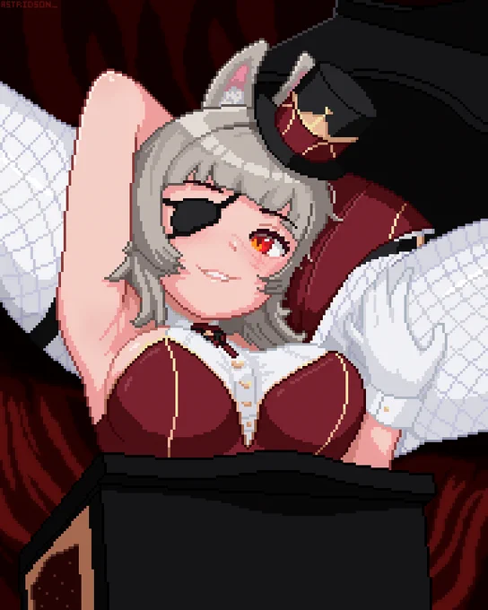 Pixel art fan art of VTuber ringmaster Saruei in a magic trick box, sawed in half and resting her head on her lower half’s thigh