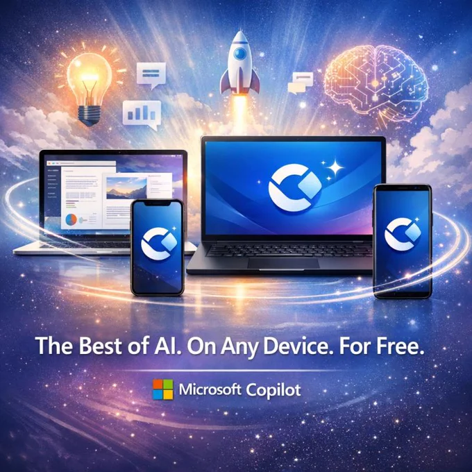 two laptops and 2 phones with Copilot logo
