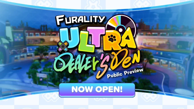 Graphic for the Furality Ultra Dealer's Den. Beneath the logo, more text reads, "Public Preview. Now Open!". Behind the text is an image of a sleek, cyber-aesthetic inspired shopping mall.