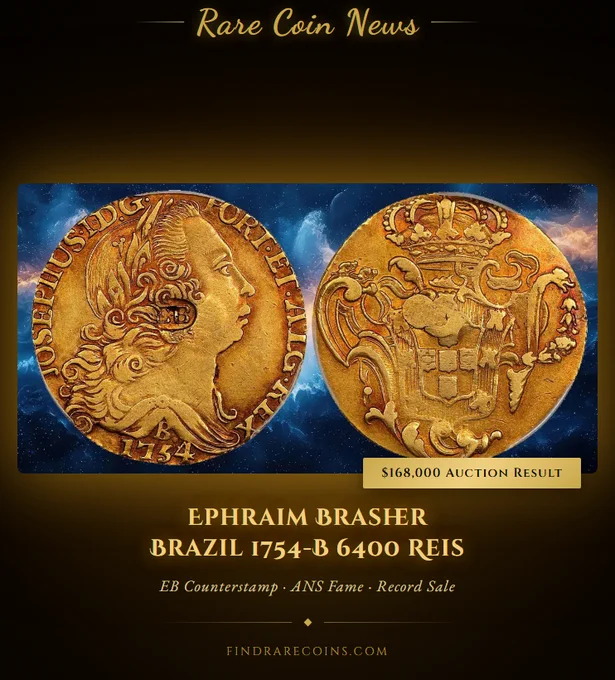 Obverse and reverse of the Ephraim Brasher-regulated Brazil 1754-B 6400 Reis gold coin featuring the EB counterstamp on the portrait side, against a deep blue atmospheric background. Text reads: $168,000 Auction Result. FindRareCoins.com.