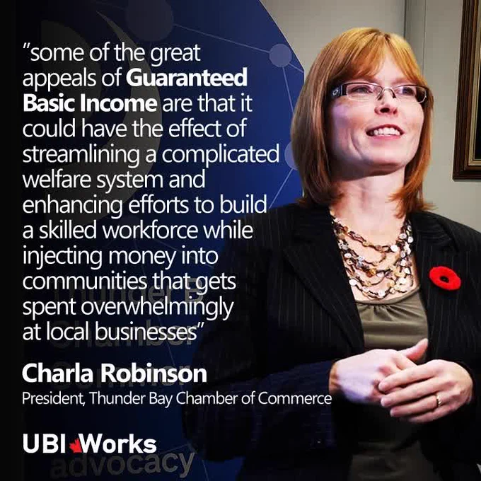 Charla Robinson president chamber commerce speaking; quote says basic income could simplify welfare and boost local economies